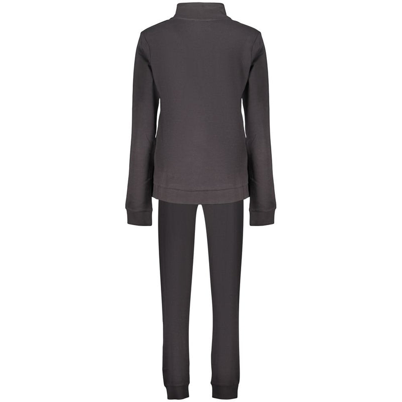 Back view of a black cotton women's mock-neck sweatshirt paired with matching sweatpants