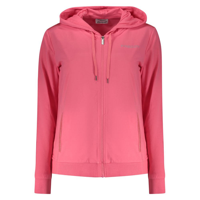 Pink cotton women's zip-up hoodie with drawstring hood and side pockets
