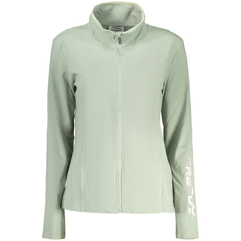 Sage green cotton full-zip women's sweatshirt with a mock neck and white logo print on the sleeve