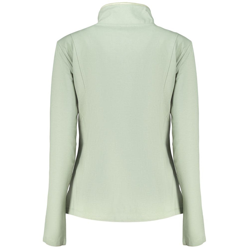 Back view of a light green cotton women's zip sweatshirt with a high collar