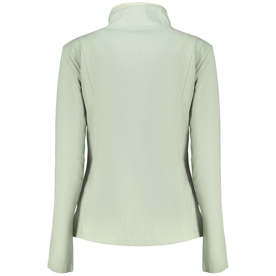 Sage green cotton full-zip women's sweatshirt with a mock neck and white logo print on the sleeve