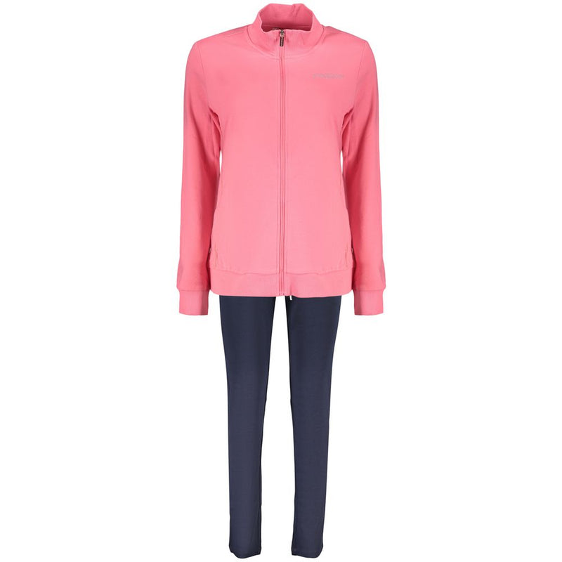 Pink cotton zip-up women's sweatshirt with a high collar paired with dark blue pants