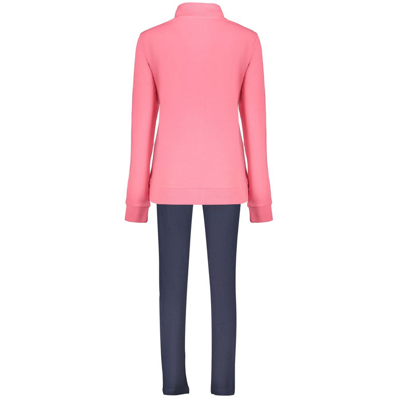 Pink cotton women's sweatshirt with long sleeves and high collar, shown from the back paired with dark pants