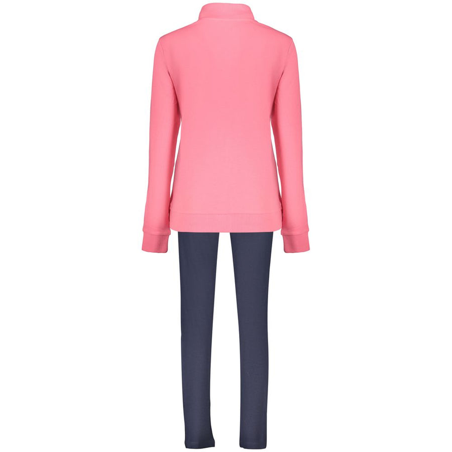 Pink cotton zip-up women's sweatshirt with a high collar paired with dark blue pants