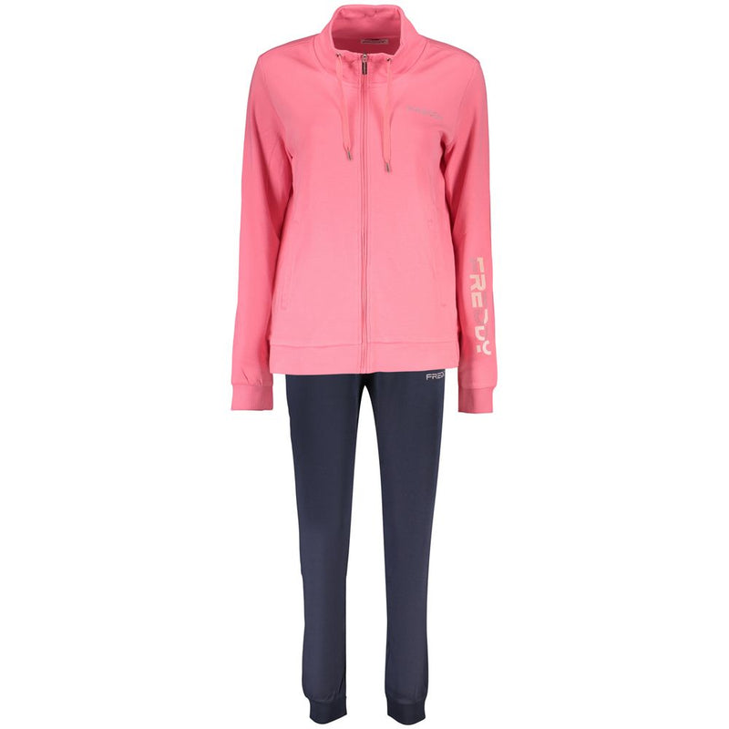 Pink cotton full-zip sweatshirt with funnel neck and matching dark trousers