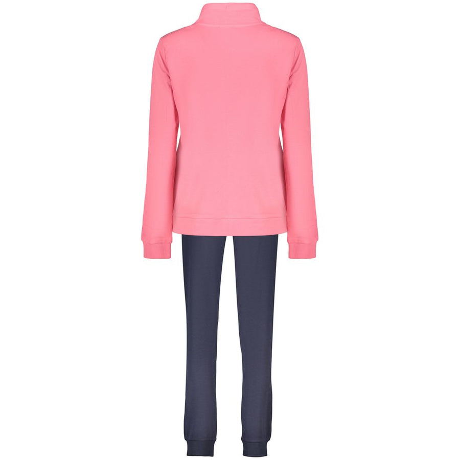 Pink cotton full-zip sweatshirt with funnel neck and matching dark trousers
