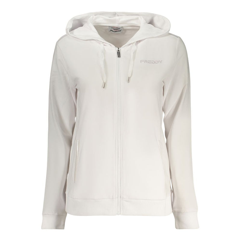 White cotton women's zip-up hoodie with a hood, drawstrings, and front pockets