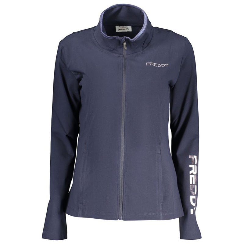 Navy blue cotton women's zip-up sweatshirt with a high collar and white logo print