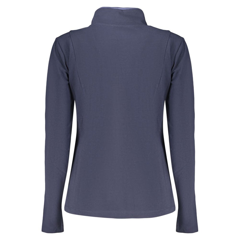 Back view of a blue cotton women's sweatshirt with a stand-up collar