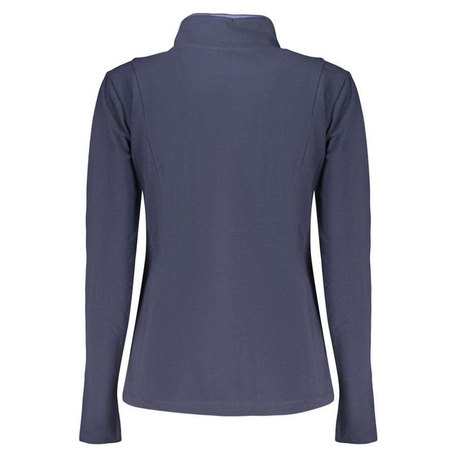 Navy blue cotton women's zip-up sweatshirt with a high collar and white logo print