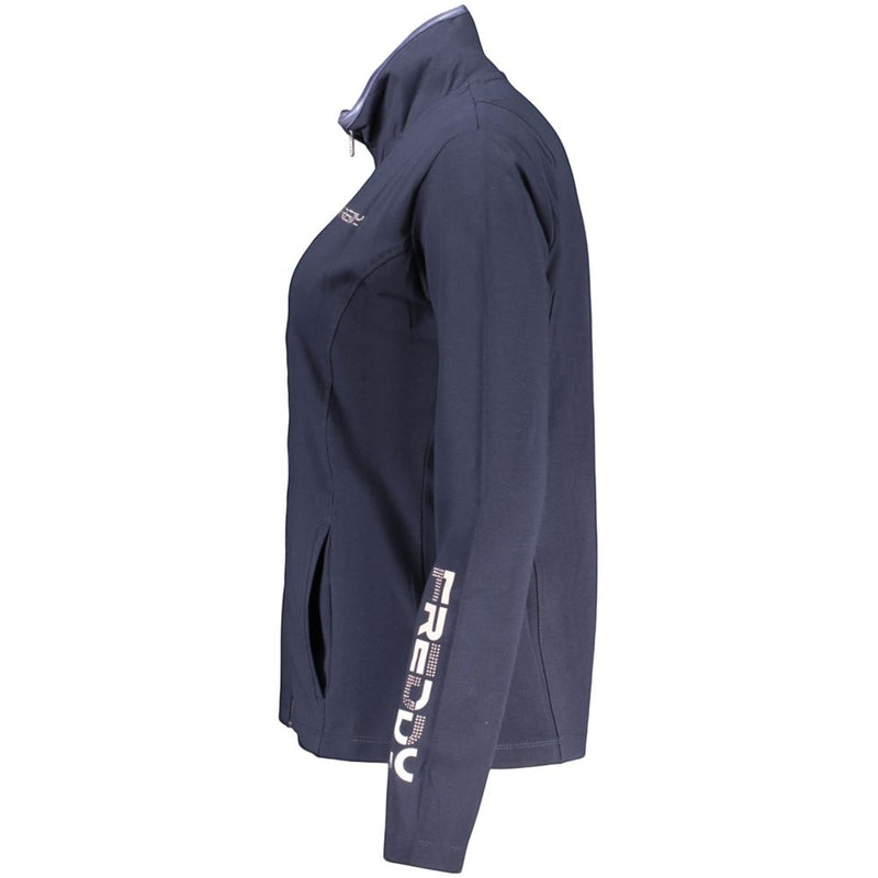 Dark blue cotton zip-up women's sweatshirt with high collar and logo on sleeve