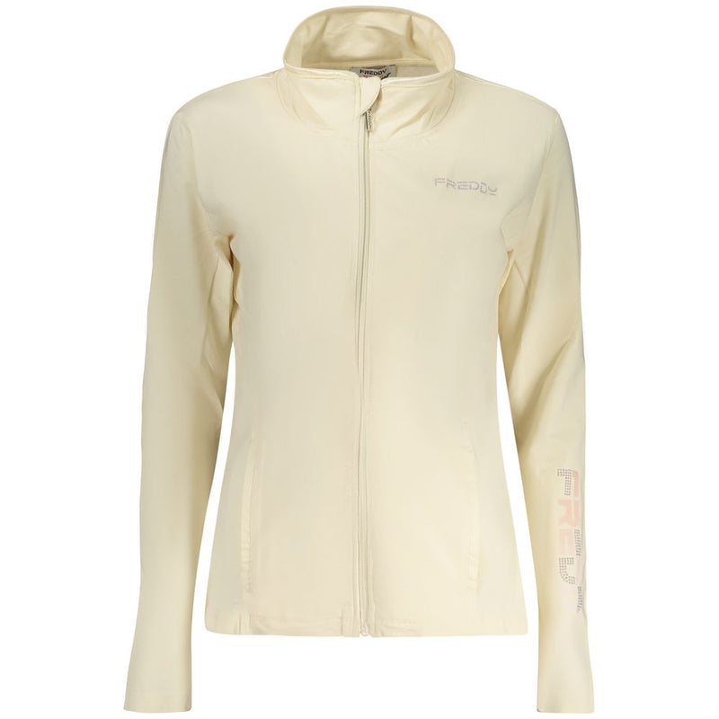 Beige cotton full-zip women's sweatshirt with a high collar and logo print on the chest