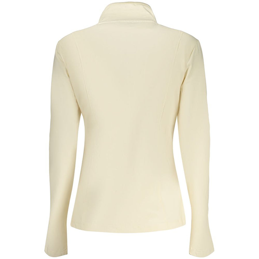 Beige cotton full-zip women's sweatshirt with a high collar and logo print on the chest