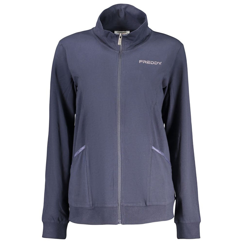 Blue cotton women's zip-up sweatshirt with a high collar and front pockets