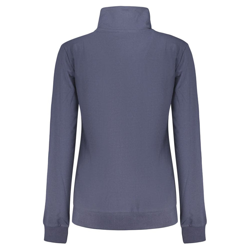 Back view of a blue cotton women's sweatshirt with a high collar and long sleeves