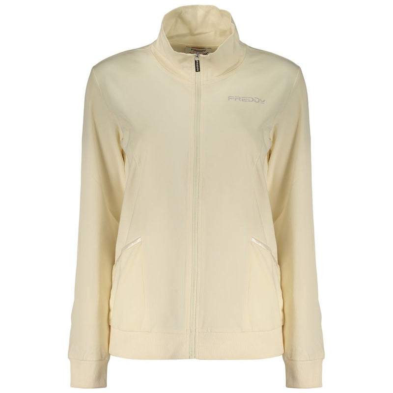 Beige cotton zip-up women's sweatshirt with a stand-up collar and front pockets
