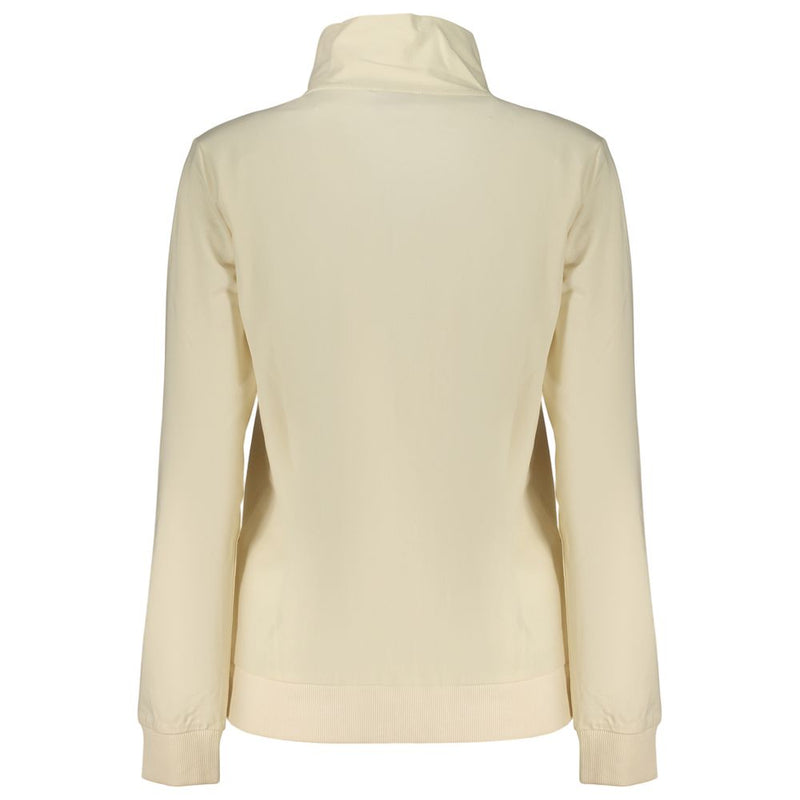 Beige cotton long-sleeve women's sweatshirt with a high collar, viewed from the back