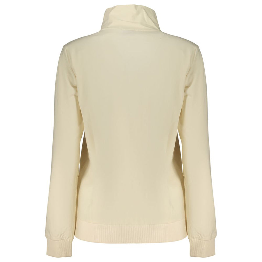 Beige cotton zip-up women's sweatshirt with a stand-up collar and front pockets
