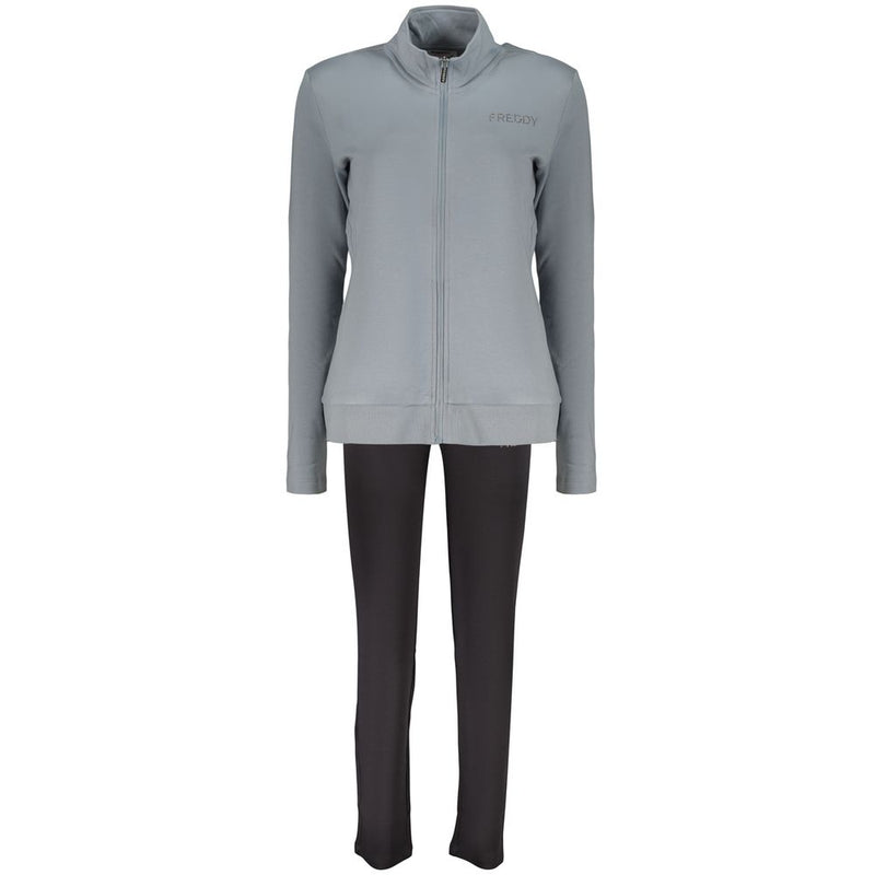 Blue cotton women's tracksuit with zip-up jacket and black pants