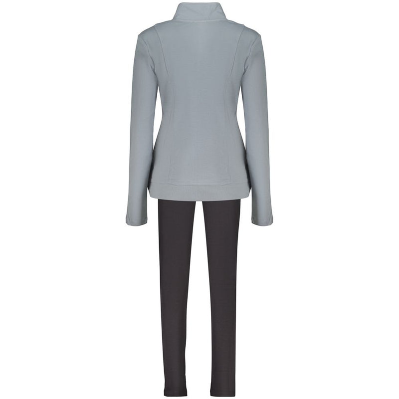 Freddy blue cotton women's sweatshirt set viewed from the back showing a high neck sweatshirt and dark pants