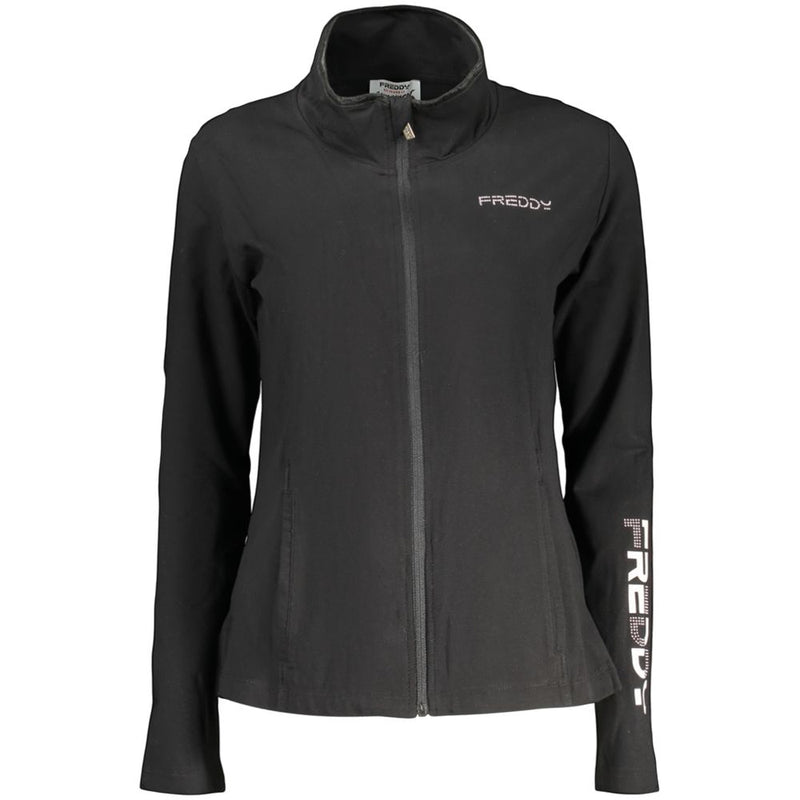 Black cotton women's zip-up sweatshirt with a stand-up collar and white Freddy logo on the chest and sleeve