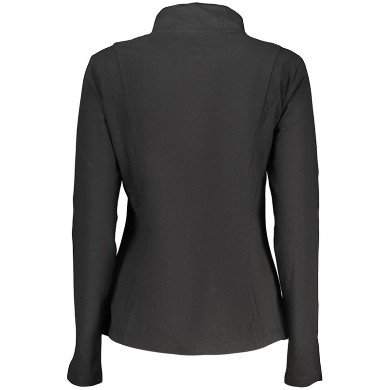 Back view of a black cotton women's sweatshirt with a high collar and long sleeves
