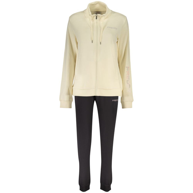 Beige cotton zip-up women's sweatshirt with high collar and drawstring