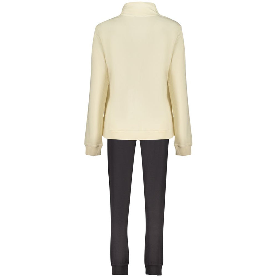 Beige cotton zip-up women's sweatshirt with high collar and drawstring