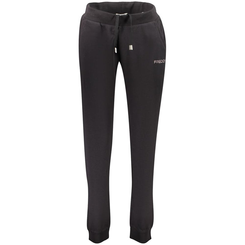 Black cotton sweatpants with elastic cuffs and drawstring waist