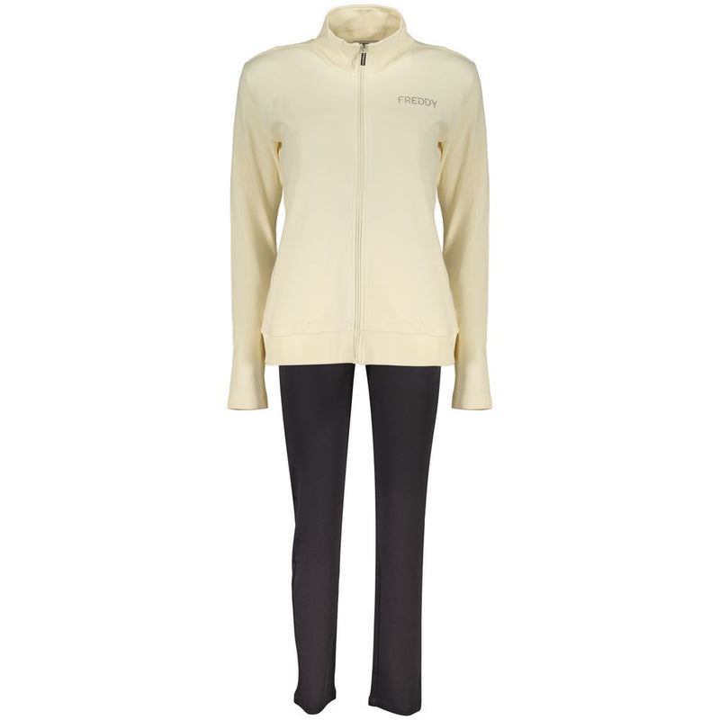 Beige cotton full-zip women sweatshirt with stand-up collar and black pants
