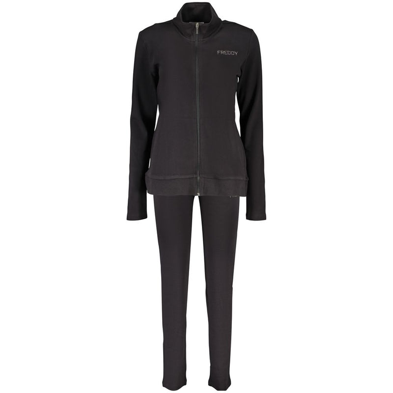 Black cotton women's zip-up sweatshirt with high collar and matching pants