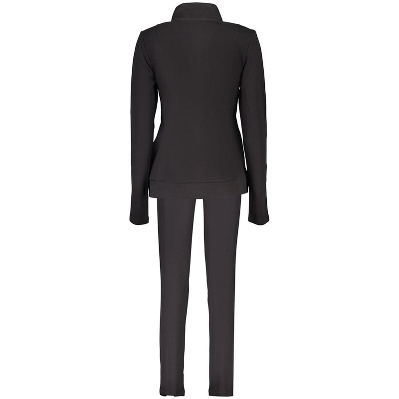 Black cotton women's zip-up sweatshirt with a high collar and matching pants seen from the back