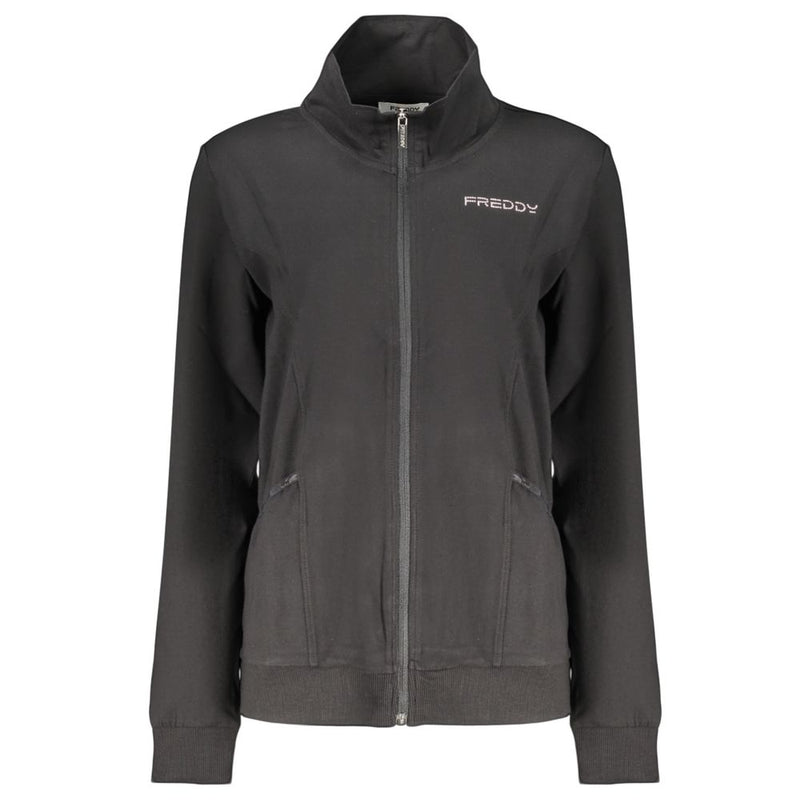 Black cotton women's full-zip sweatshirt with high collar and subtle logo on the chest