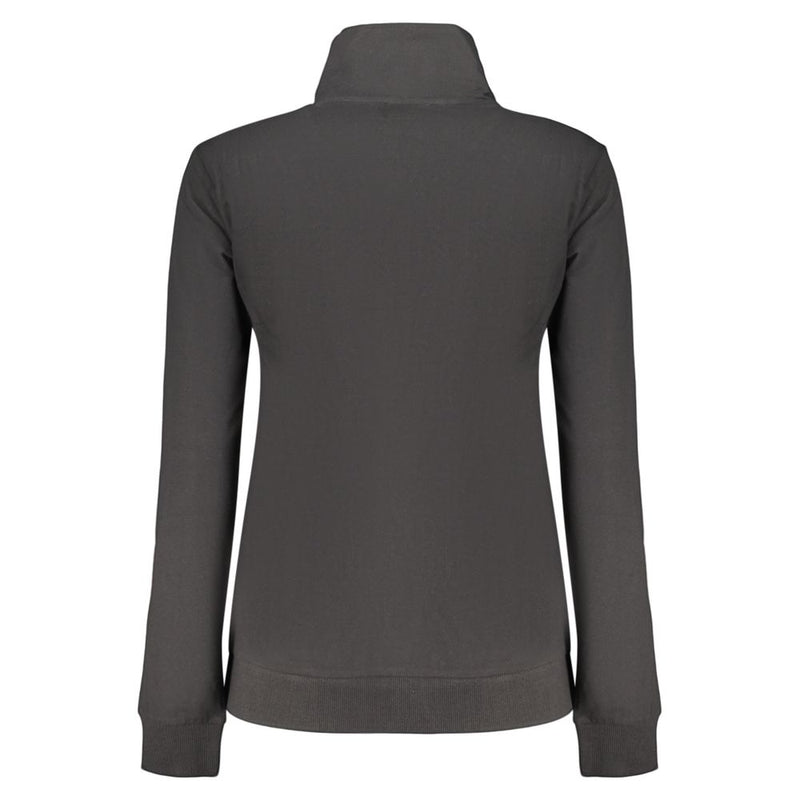 Black cotton women's zip-up sweatshirt with a high collar, viewed from the back