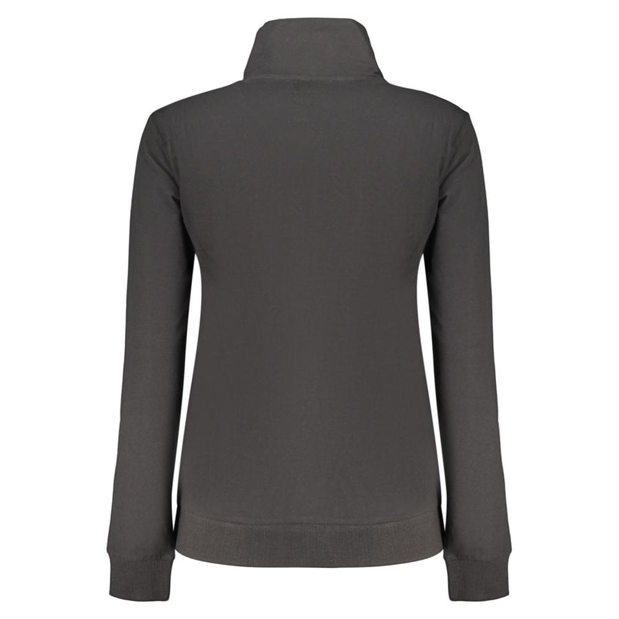 Black cotton women's full-zip sweatshirt with high collar and subtle logo on the chest