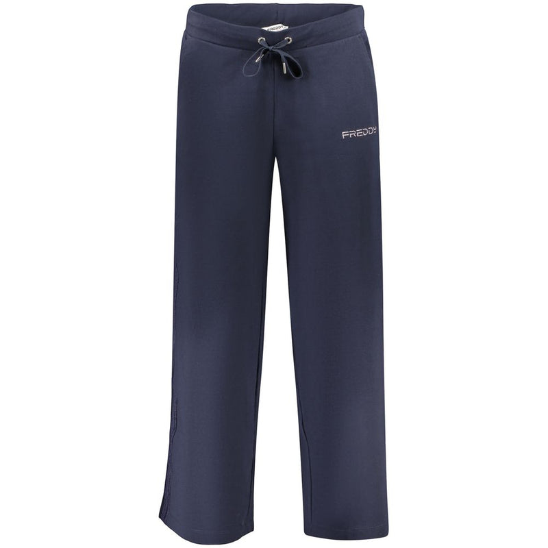Blue cotton women's trouser with a drawstring waist and straight legs