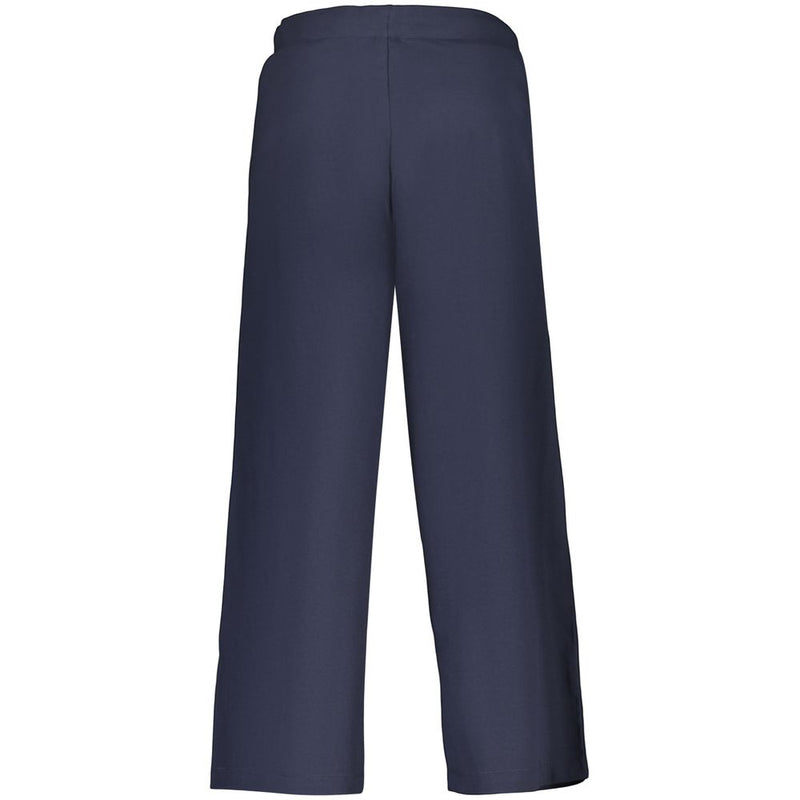 Back view of blue cotton women's wide leg trousers