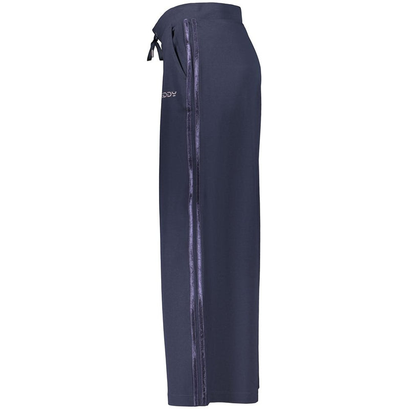 Blue cotton women's trouser with a drawstring waist and side stripes