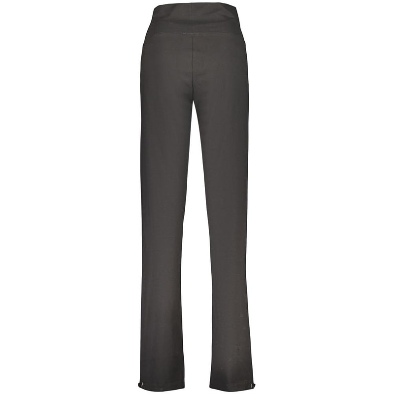 Black cotton women's trousers with a wide waistband and straight legs seen from the back