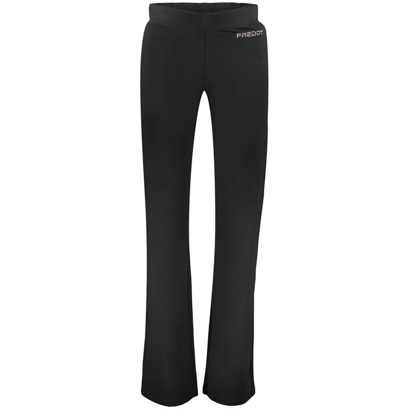 Black cotton women's trousers with a wide-leg style and white Freddy logo on the hip
