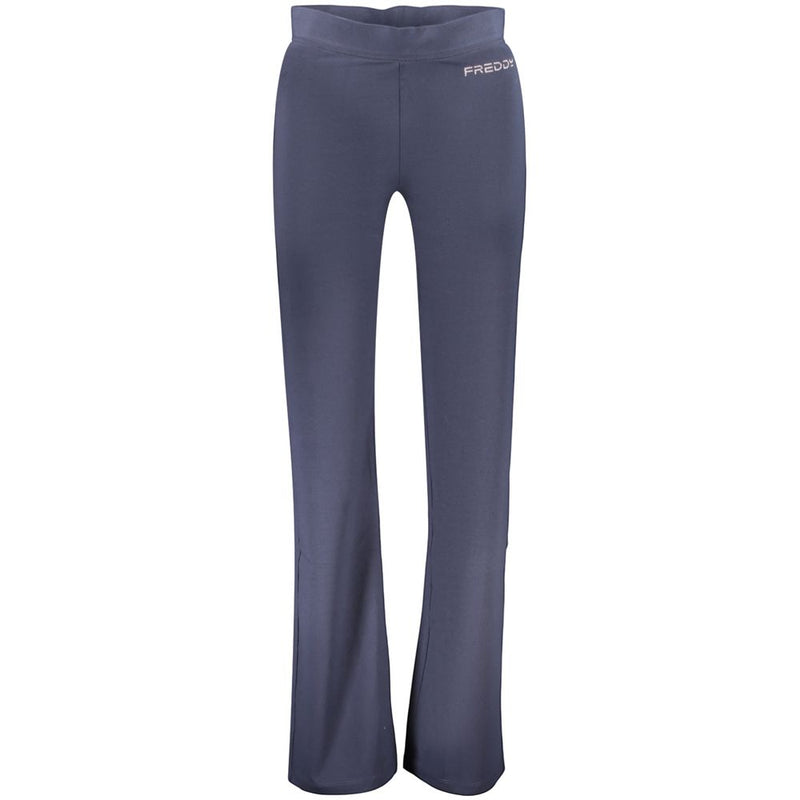 Blue cotton women's flared trousers with a wide waistband and subtle logo