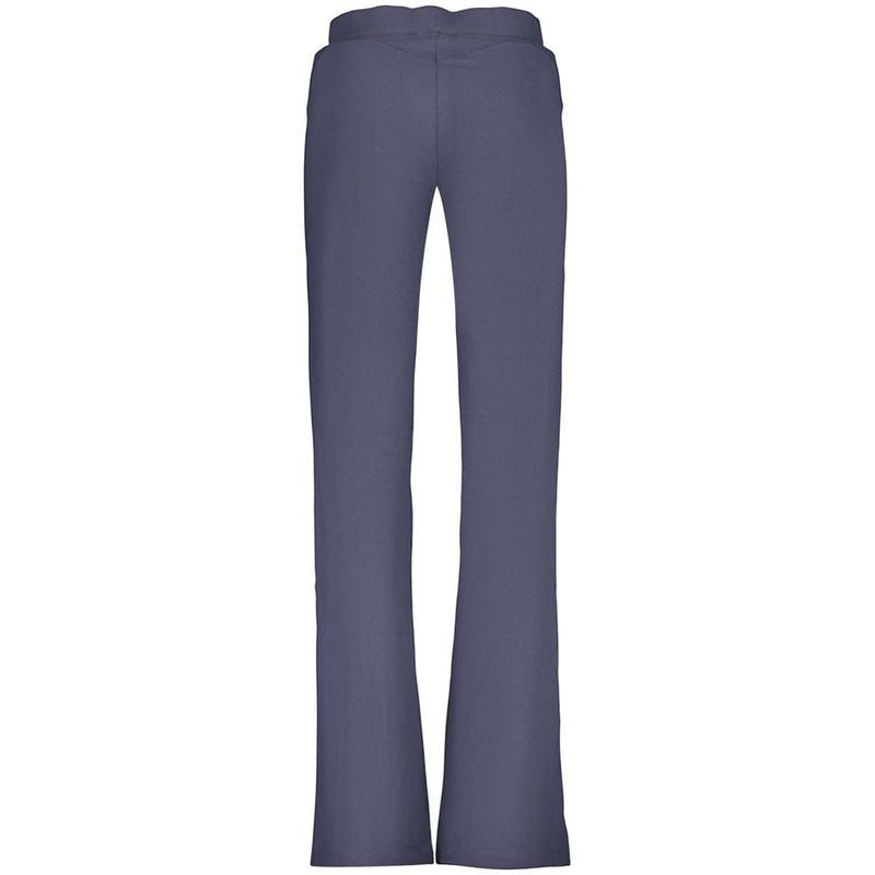 Back view of blue cotton women's trousers with a straight leg fit