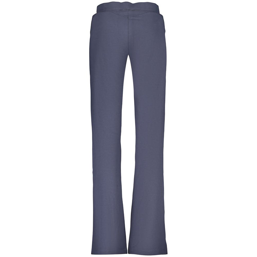 Blue cotton women's flared trousers with a wide waistband and subtle logo