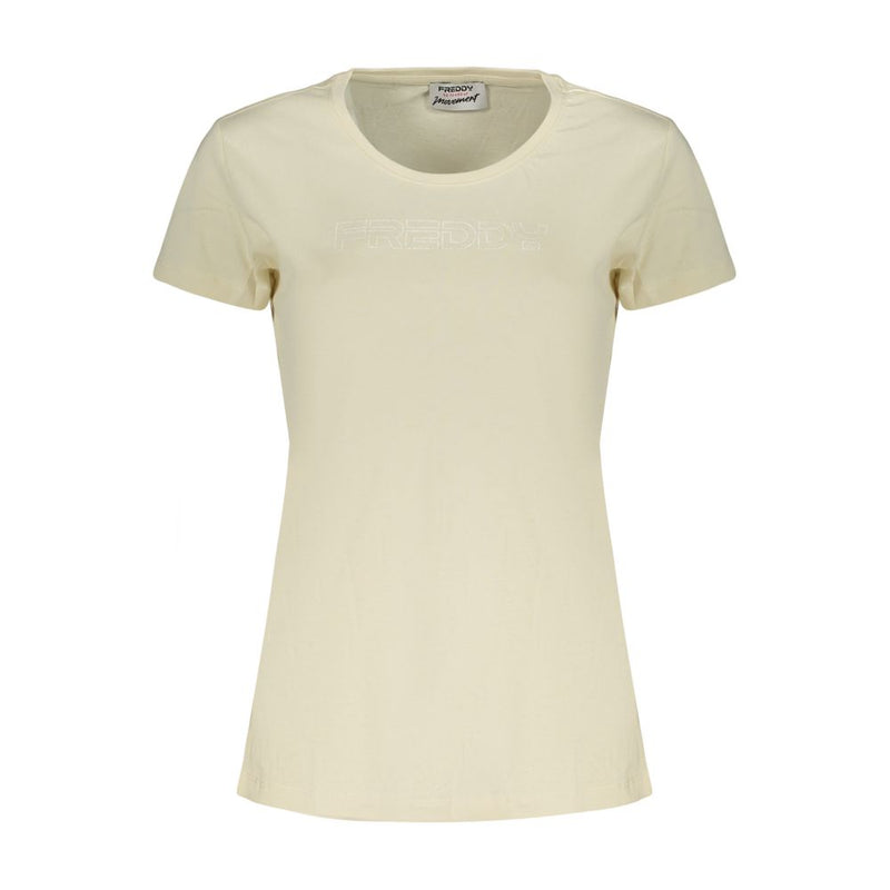 Beige cotton women's short-sleeve crewneck t-shirt with subtle white logo on chest