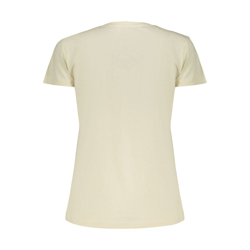 Back view of a plain beige cotton short-sleeve women's t-shirt