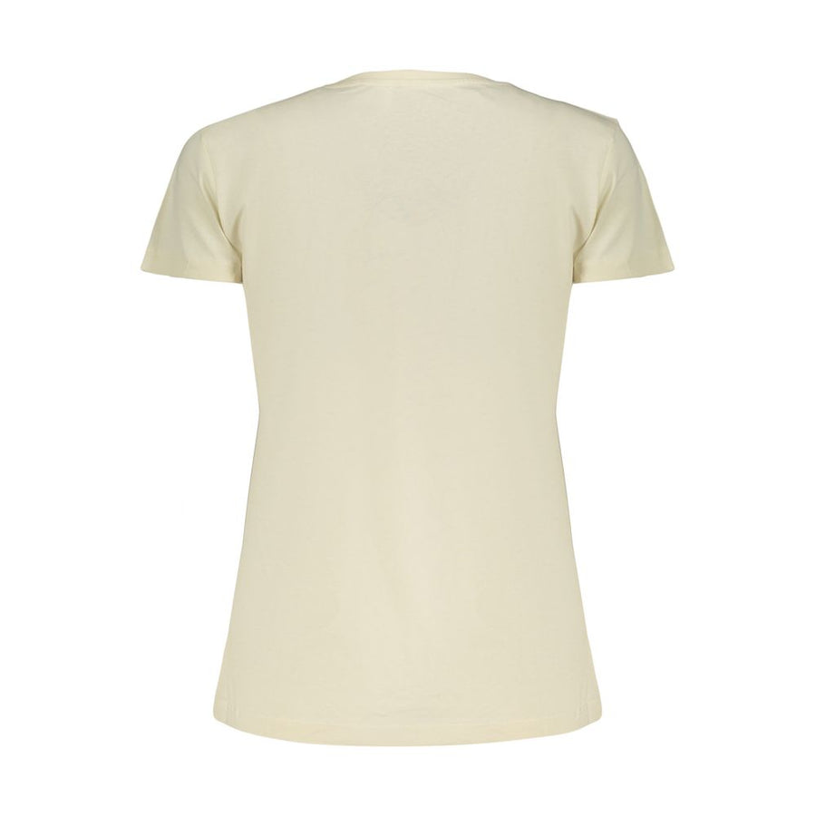 Beige cotton women's short-sleeve crewneck t-shirt with subtle white logo on chest