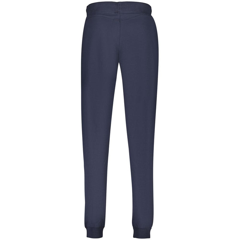 Back view of blue cotton women's trousers with cuffed ankles