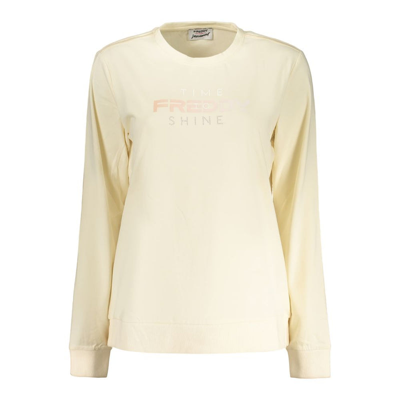 Beige cotton long-sleeve women's crewneck t-shirt with front print