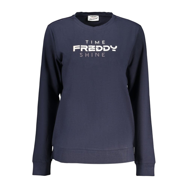 Dark blue cotton crew neck sweatshirt with long sleeves and white text on the chest