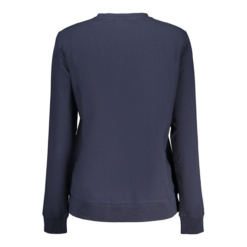 Back view of a plain dark blue cotton women's long-sleeve t-shirt with ribbed cuffs and hem